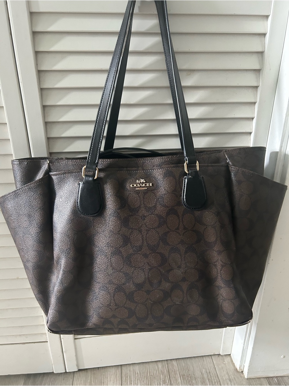 Coach Brown Signature Monogram Tote with Black Handles
